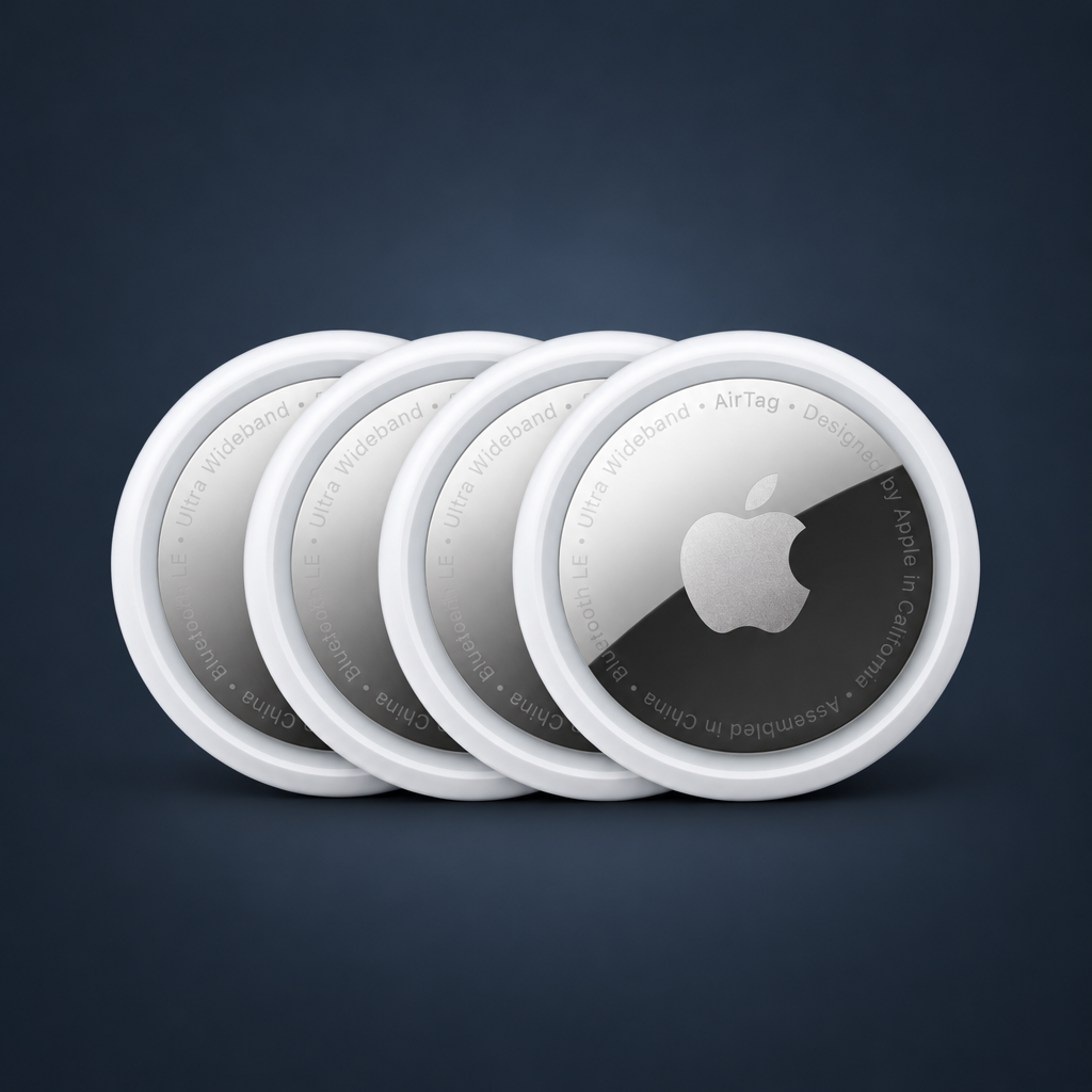 Apple AirTag Pack of 4 with blue-grey background