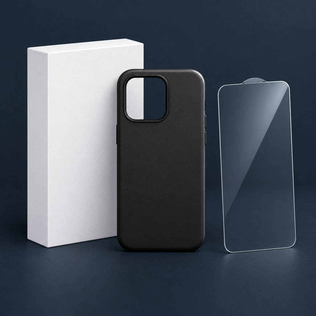 Black-case bundle with white box and screen protector on a blue-grey background