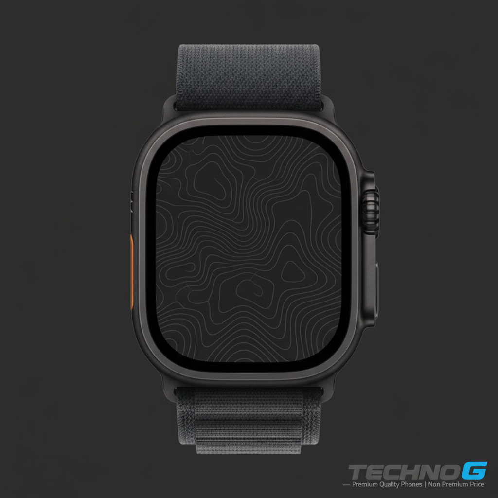 Apple Watch Ultra 3 with custom topographic dark wallpaper and Techno G logo
