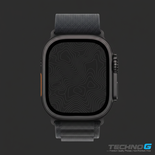 Apple Watch Ultra 3 with custom topographic dark wallpaper and Techno G logo
