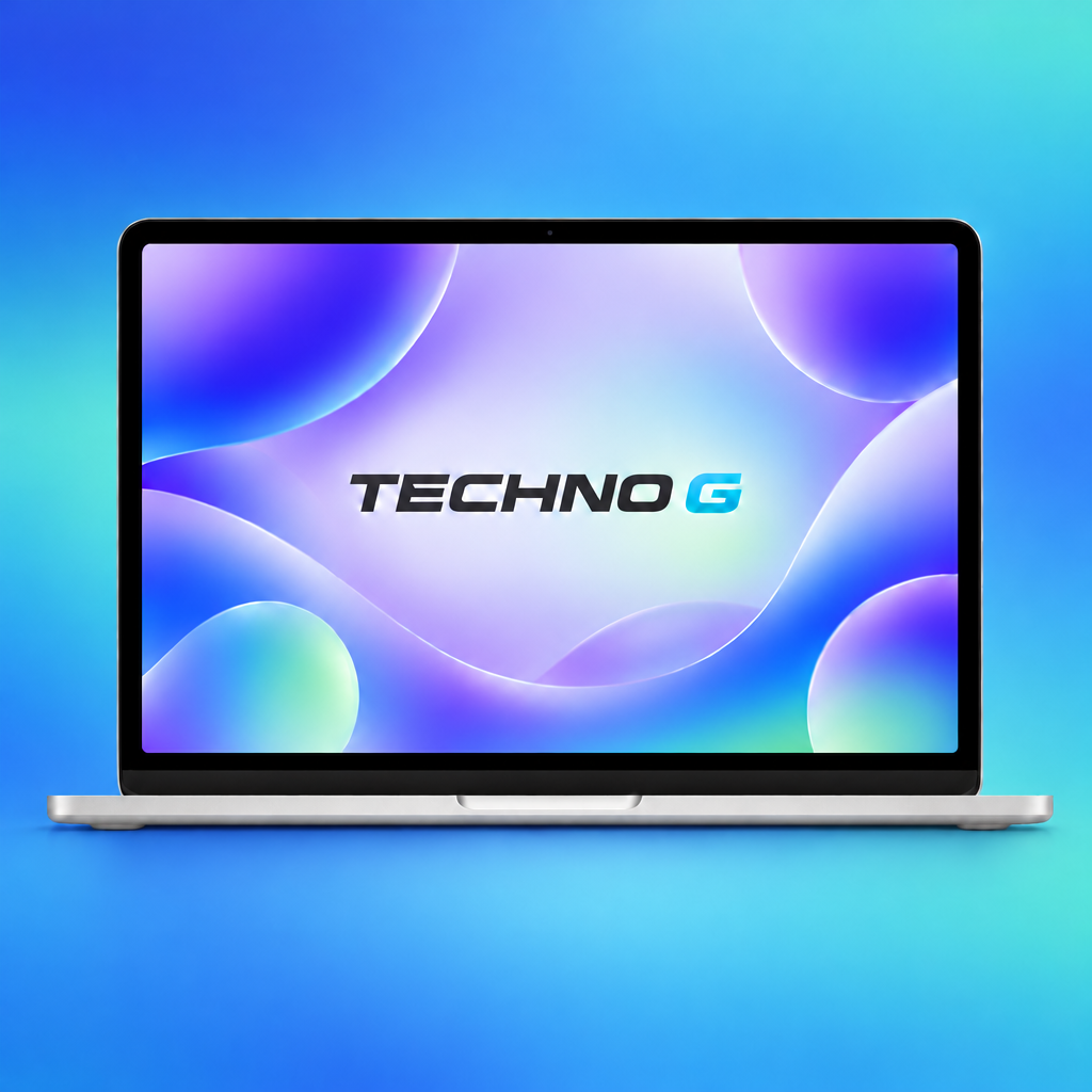 MacBook Neo with Techno G logo on screen and a blue and aqua background