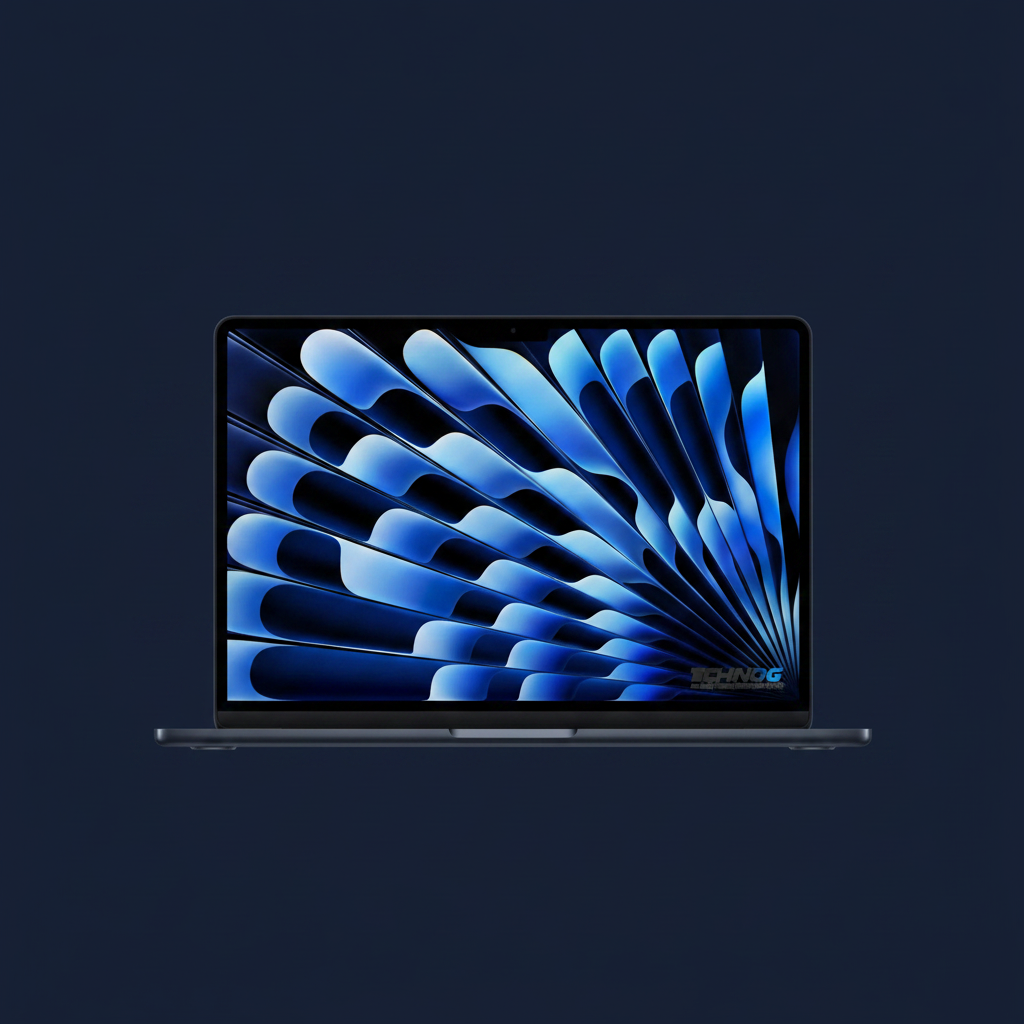 MacBook Air 13 M5 Midnight with custom deep ocean wallpaper