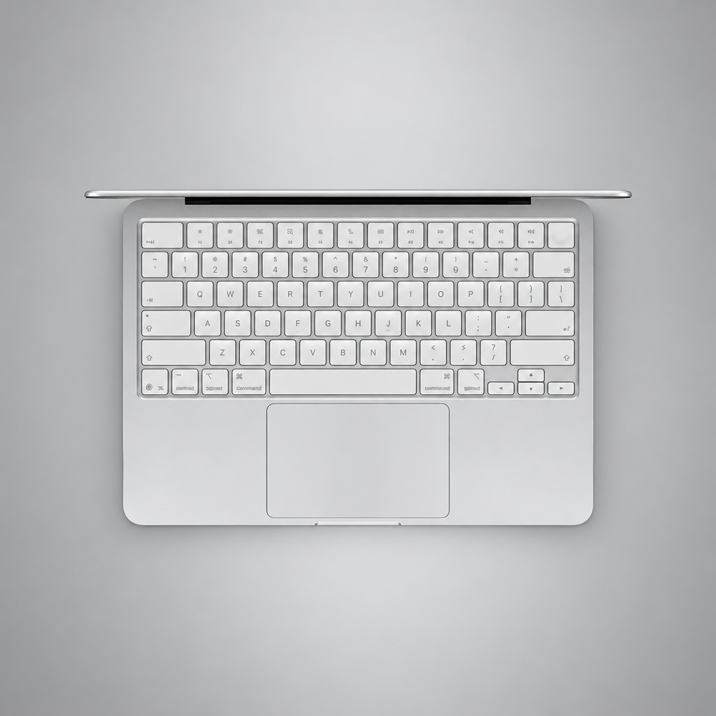 Silver MacBook Neo keyboard view on a silver-grey background