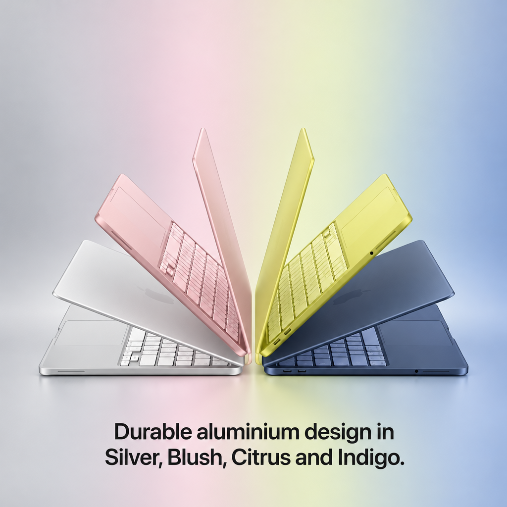 MacBook Neo colour lineup on coordinated gradient background