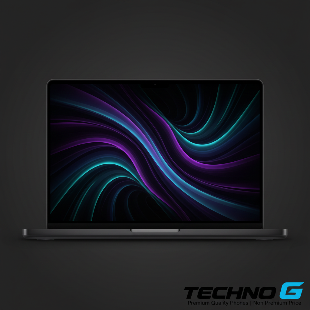 MacBook Pro 14 M5 Space Black with custom aurora wallpaper