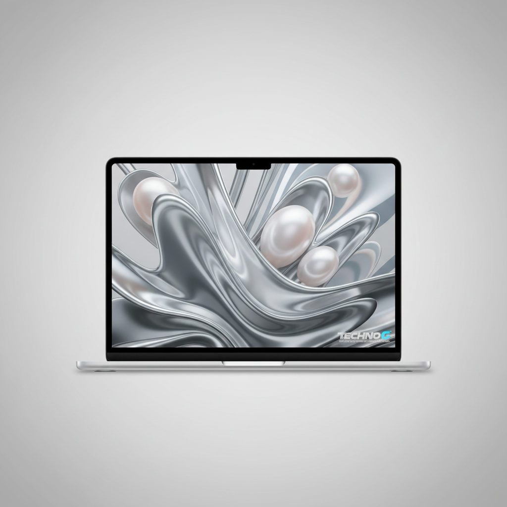 MacBook Air 15 M5 Silver with custom liquid metal wallpaper