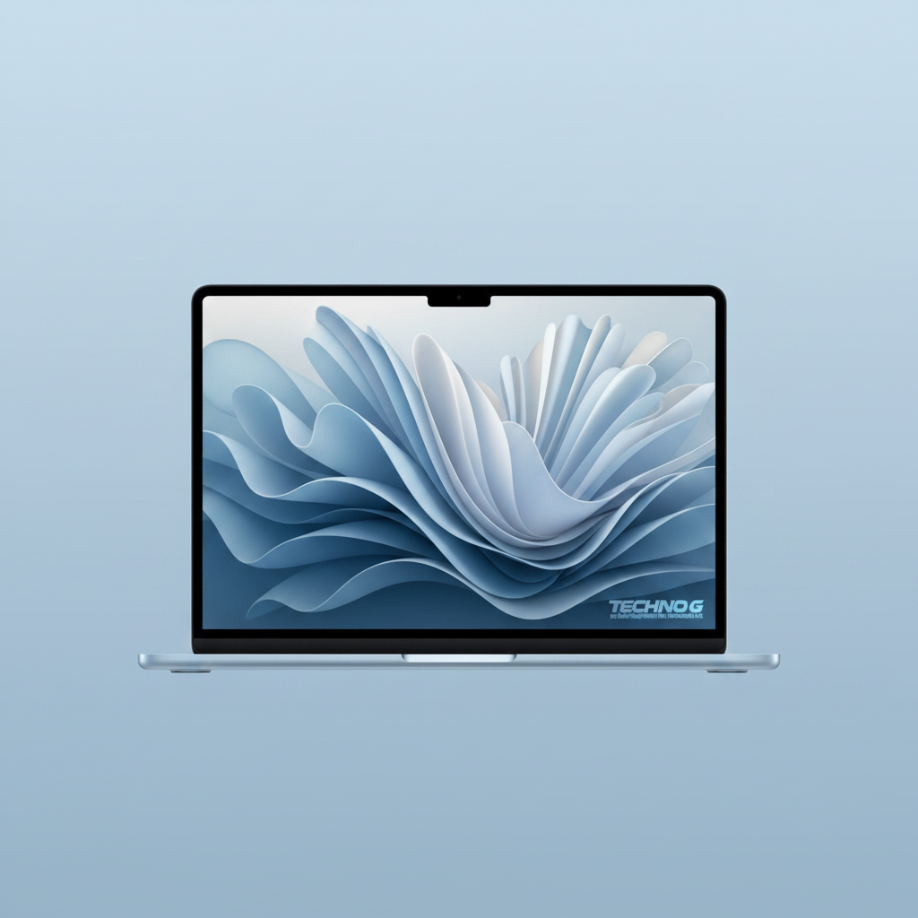 MacBook Air 15 M5 Sky Blue with custom fluid wallpaper