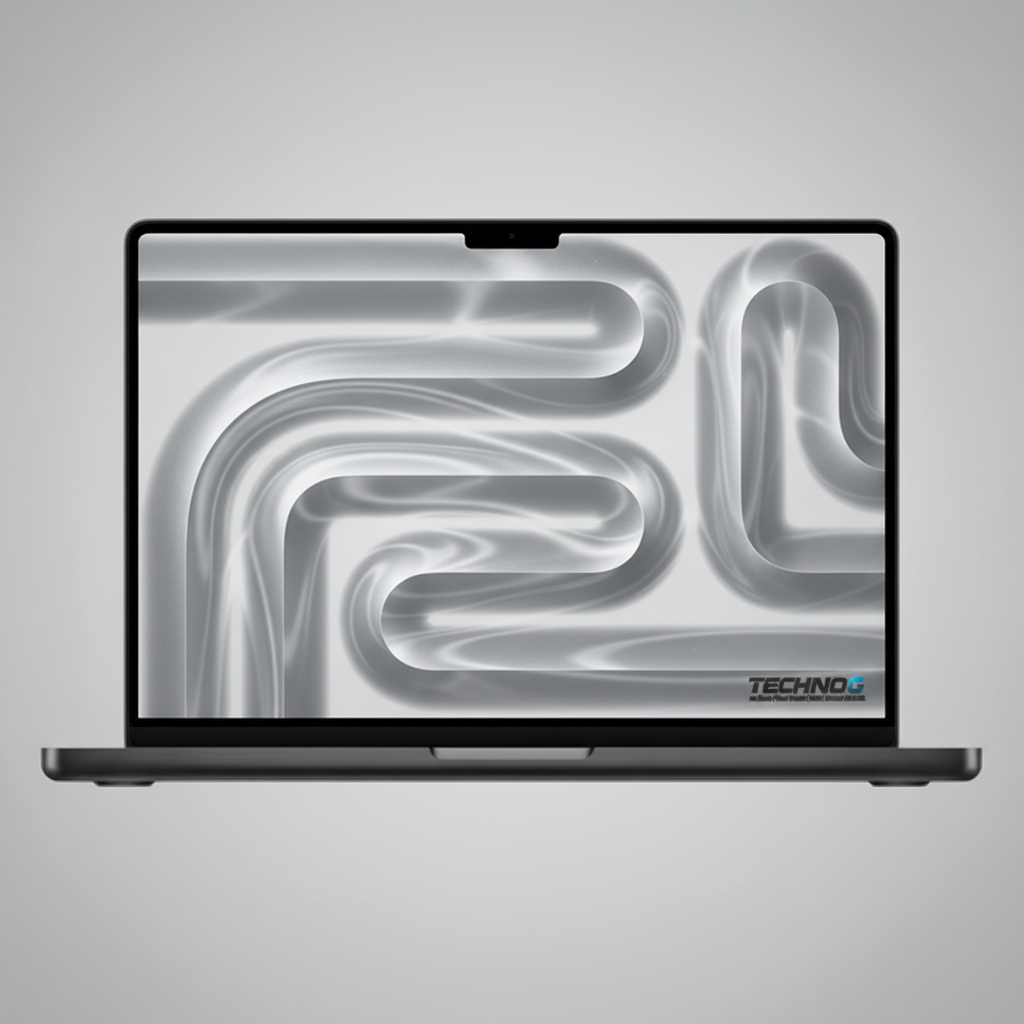 MacBook Pro 14 M5 Pro Silver with custom liquid silver wallpaper