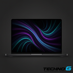 MacBook Pro 14 M5 Pro Space Black with custom aurora wallpaper