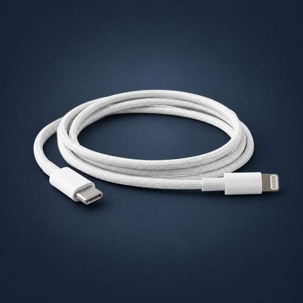 USB-C to Lightning Cable with dark blue-grey background